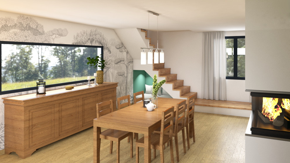 Inspiration pour une grande salle à manger design avec un mur vert, parquet clair, un poêle à bois, un manteau de cheminée en plâtre et du papier peint.