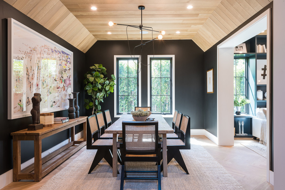 Design ideas for a transitional separate dining room in Los Angeles with black walls, light hardwood floors and no fireplace.