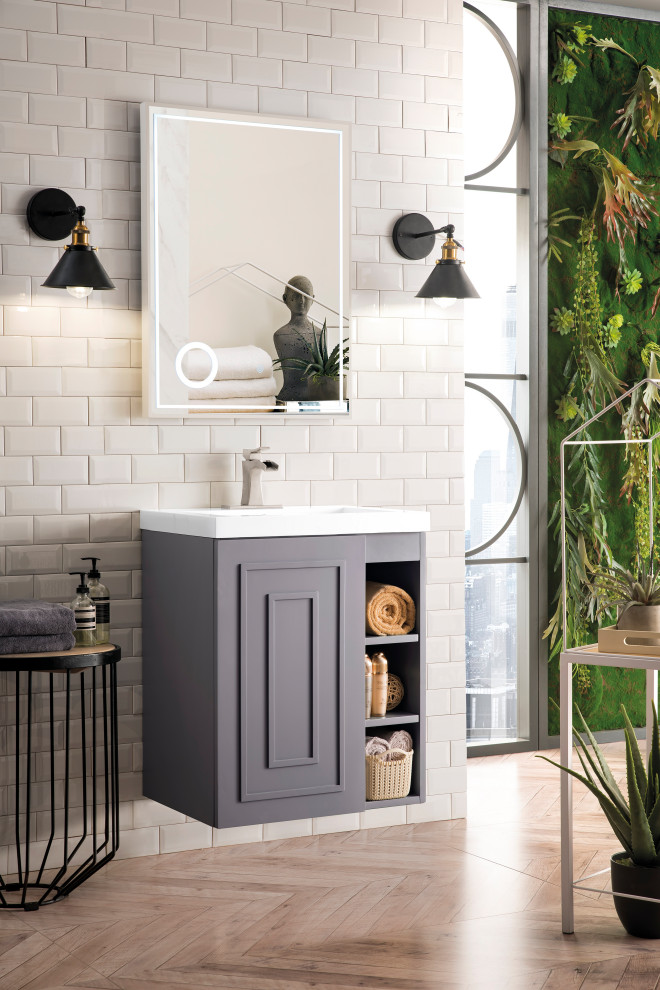 Foto di una piccola stanza da bagno padronale moderna con ante con bugna sagomata, ante grigie, top bianco, un lavabo e mobile bagno sospeso