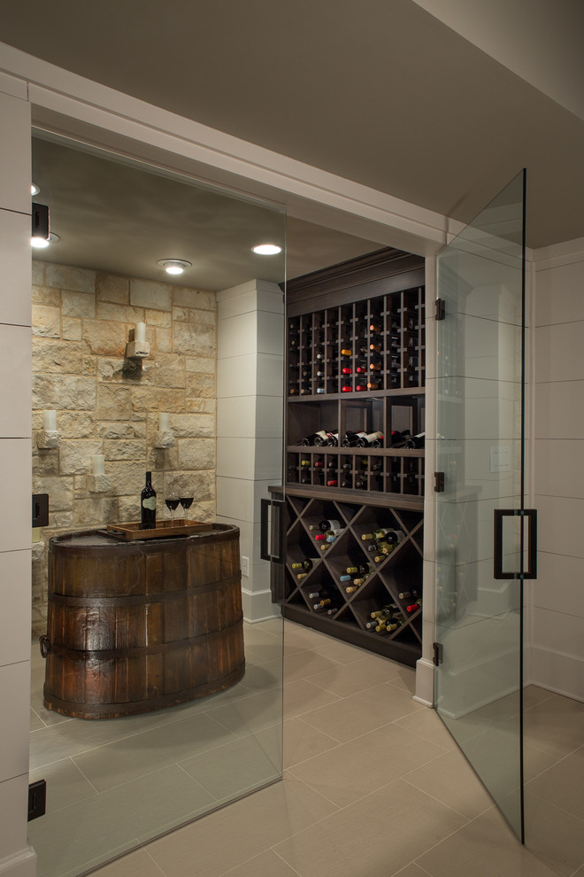 Design ideas for a small transitional wine cellar in Atlanta with porcelain floors.