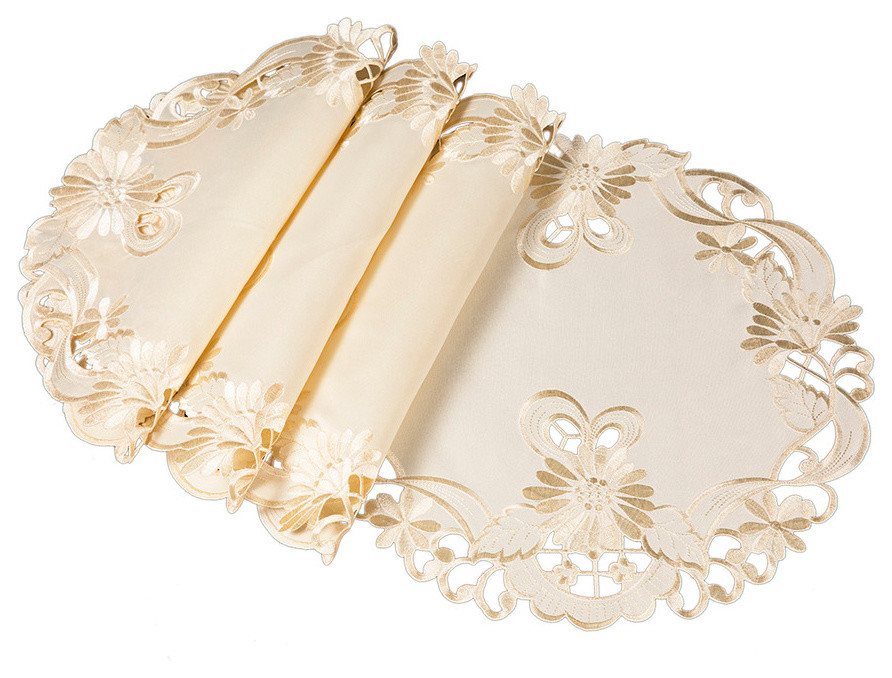 Delicate Daisy Embroidered Cutwork Placemats, Ivory, 15" Round, Set of