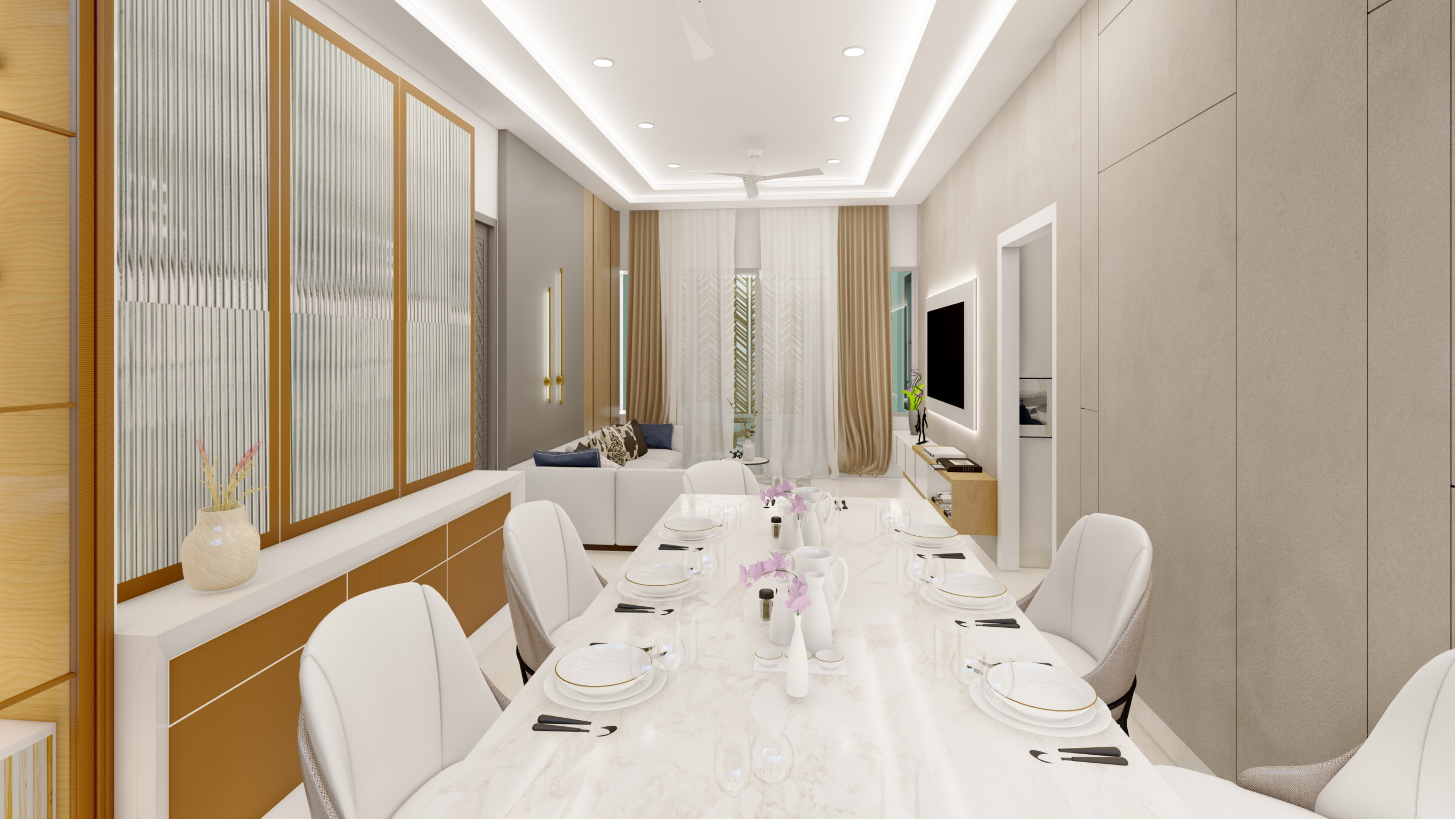 Contemporary Dining and Living Room with Chic Details in Farnham