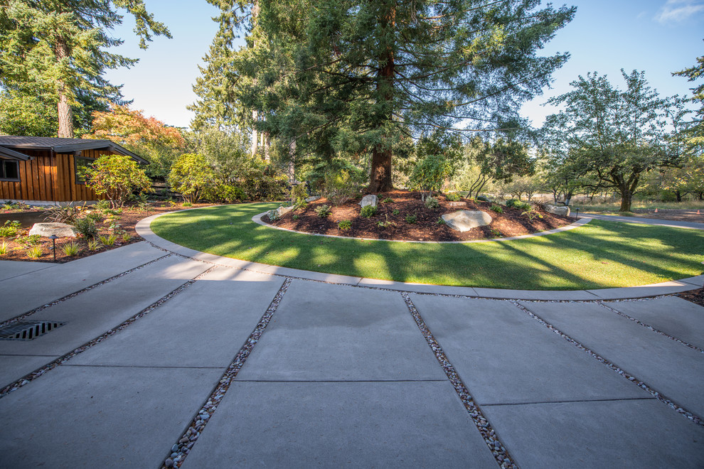 This is an example of a midcentury front yard driveway in Seattle.