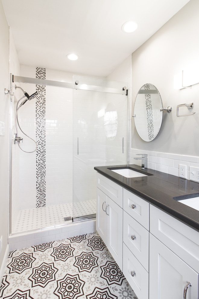 Small country master bathroom in Other with shaker cabinets, white cabinets, an open shower, a two-piece toilet, white tile, subway tile, grey walls, ceramic floors, an undermount sink, engineered quartz benchtops, grey floor, a sliding shower screen and grey benchtops.