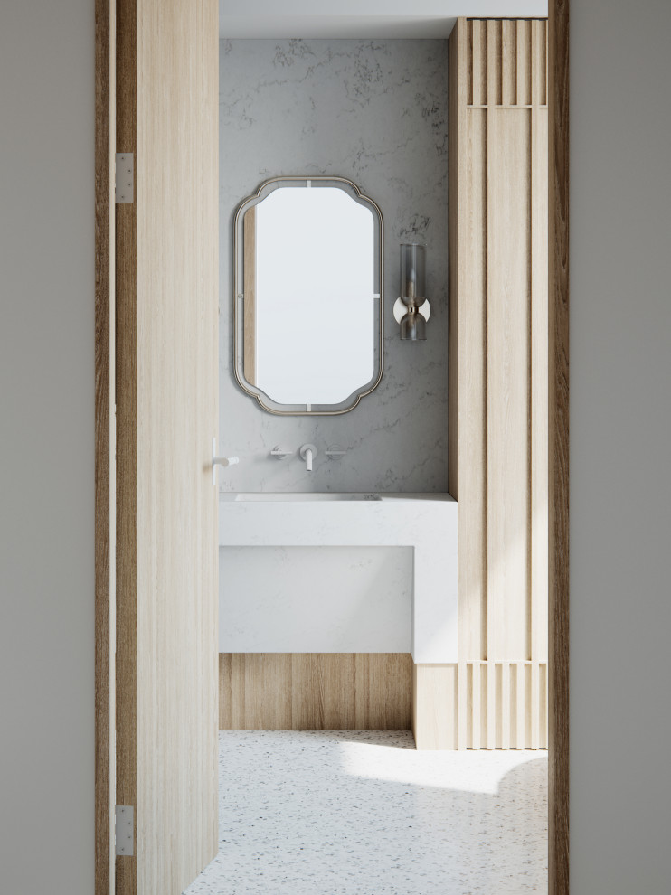 На фото: главная ванная комната среднего размера в современном стиле с отдельно стоящей ванной, красной плиткой, цементной плиткой, разноцветными стенами, полом из терраццо, монолитной раковиной, мраморной столешницей, серым полом, белой столешницей, тумбой под две раковины и встроенной тумбой