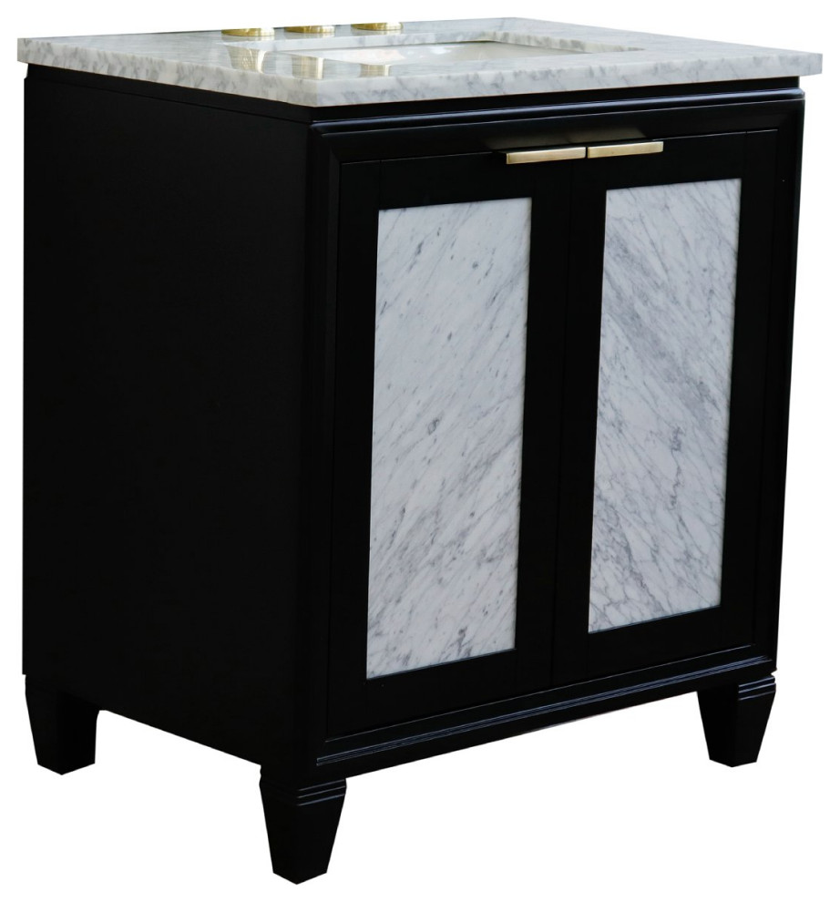 31" Single Sink Vanity, Black Finish With White Carrara Marble