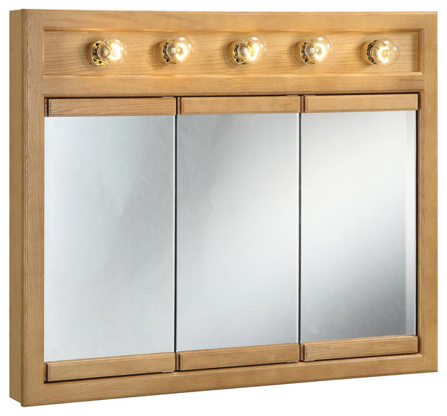 Richland Lighted Tri View Wall Cabinet Mirror 36 Nutmeg Oak