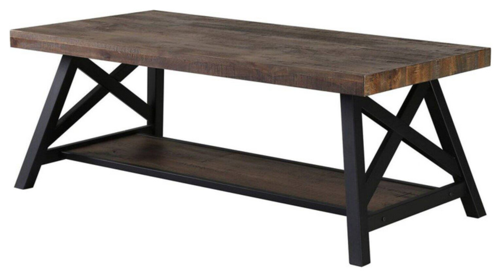 Rustic Modern Coffee Table, XShaped Sides With Open Shelf and Pine Veneer Top Industrial