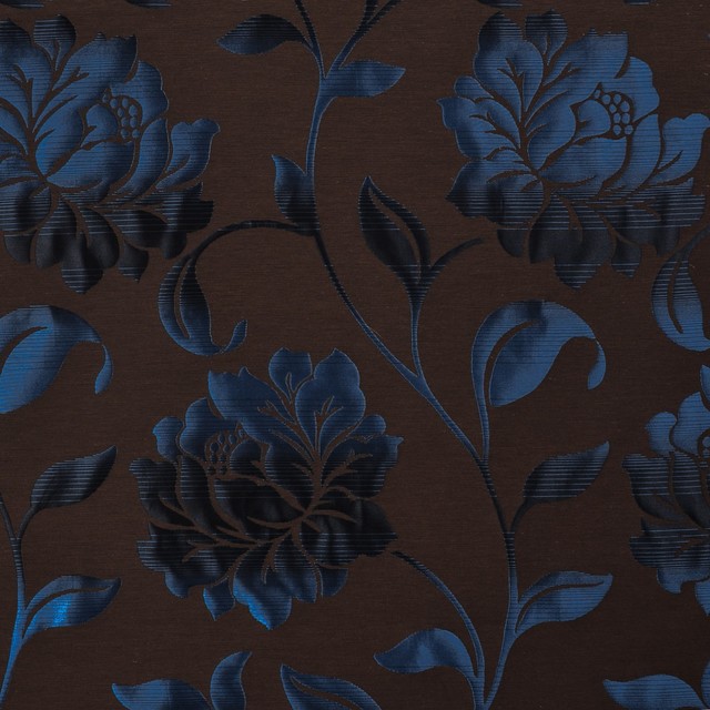 Cocoa Blue Brown Floral Damask Upholstery Fabric - Contemporary