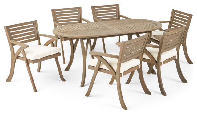 Stephanie Outdoor 6 Seater Acacia Wood Oval Dining Set With Cushions, Gray/Cream