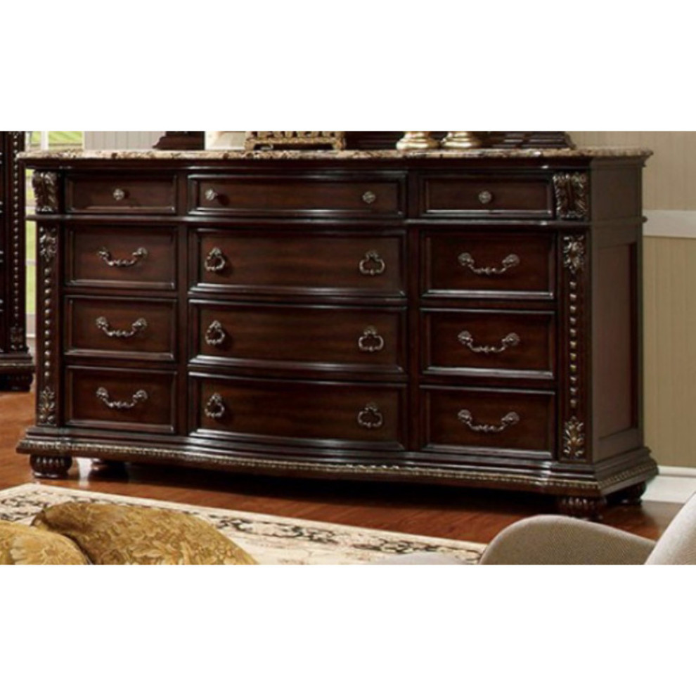 Exceptionally Carved Wooden Dresser In Traditional Style, Brown Cherry
