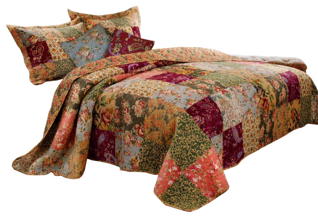 Kamet 5 Piece Fabric King Size Quilt Set With Floral Prints, Multicolor