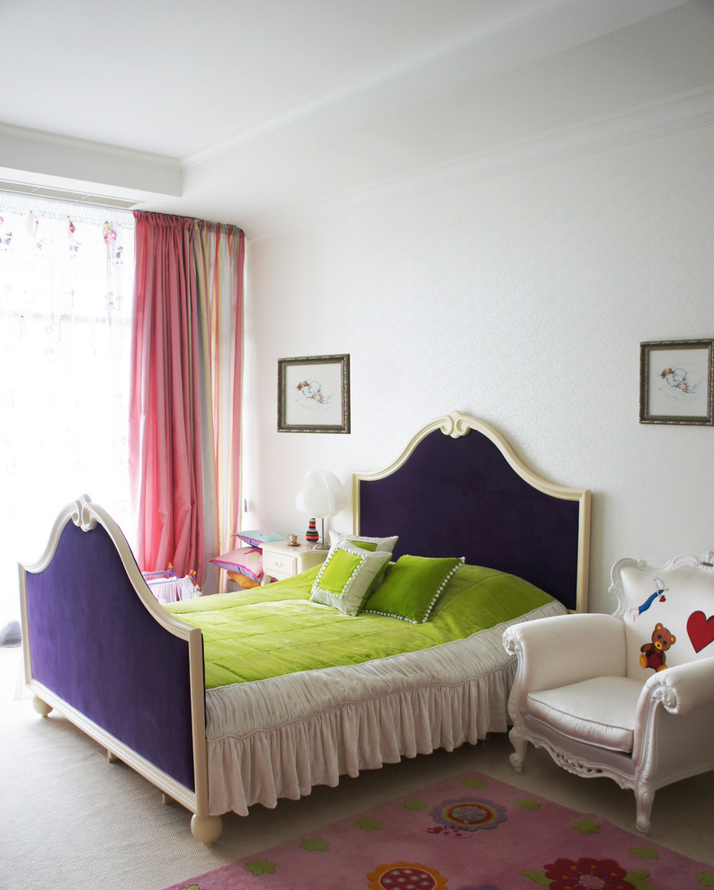 Design ideas for a transitional guest bedroom in London with white walls and carpet.