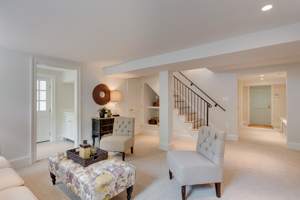 This is an example of a mid-sized traditional walk-out basement in DC Metro with white walls and carpet.
