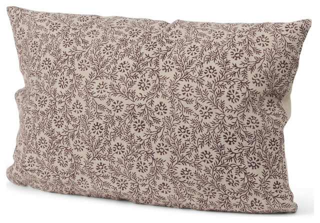 Jayne Beige With Merlot Print Linen Lumbar Decorative Pillow Cover