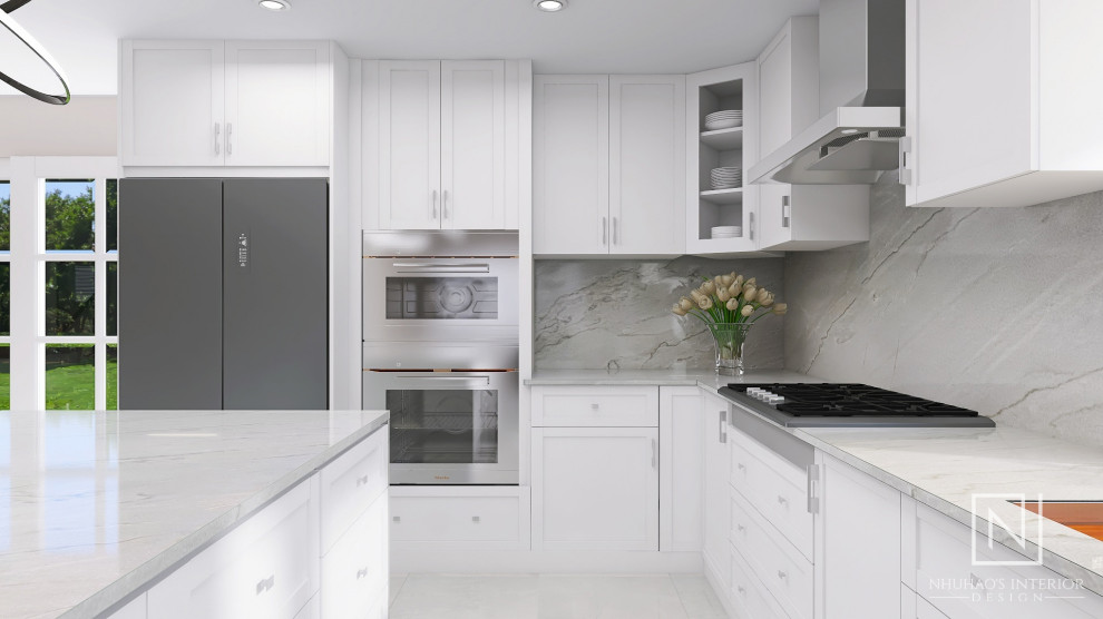 Exempel på ett mellanstort modernt grå grått kök, med en undermonterad diskho, skåp i shakerstil, vita skåp, bänkskiva i kvartsit, grått stänkskydd, stänkskydd i sten, rostfria vitvaror, klinkergolv i porslin, en köksö och grått golv