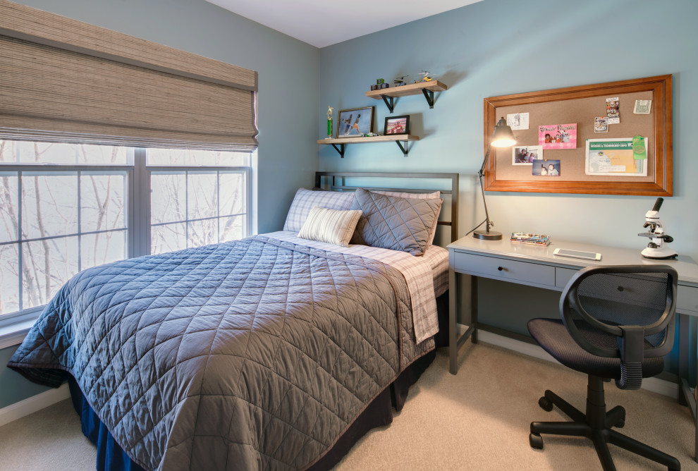 This is an example of a small transitional kids' room for boys in DC Metro with blue walls, carpet and beige floor.