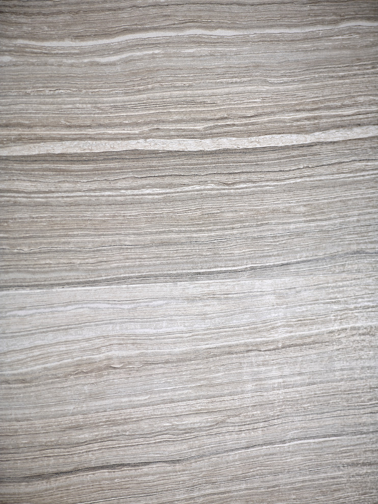 Inspiration for a mid-sized contemporary master bathroom in Other with an integrated sink, light wood cabinets, a freestanding tub, an open shower, a wall-mount toilet, gray tile, white walls and porcelain floors.