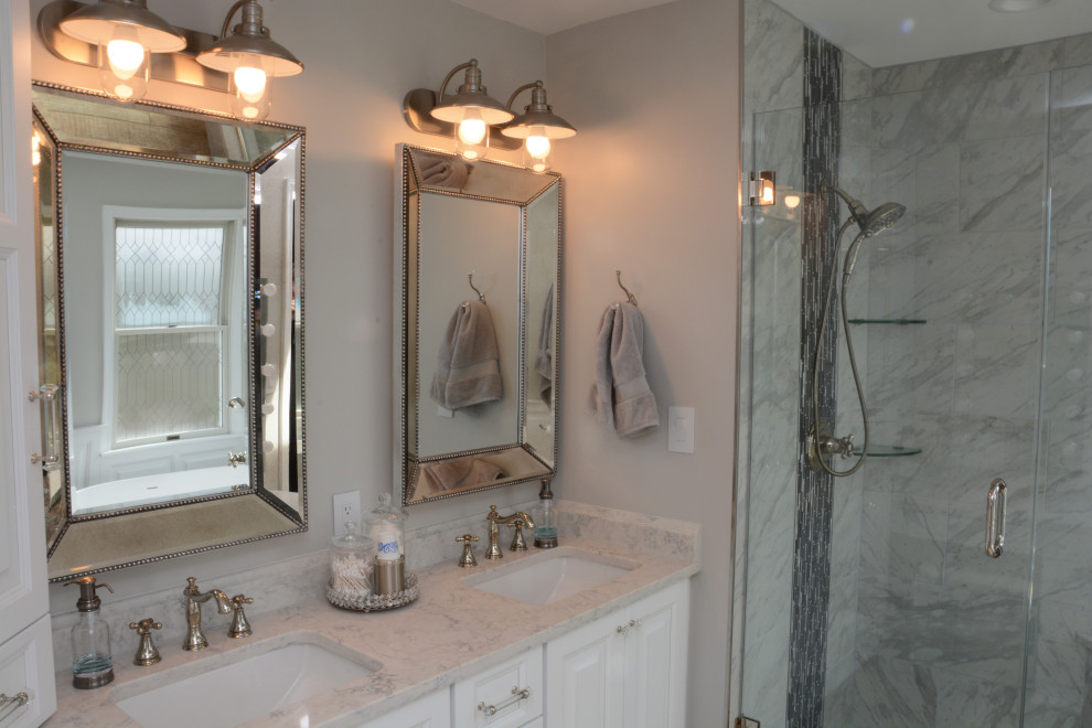 Odenton, MD Master Bath Quartz Countertops Midcentury Bathroom