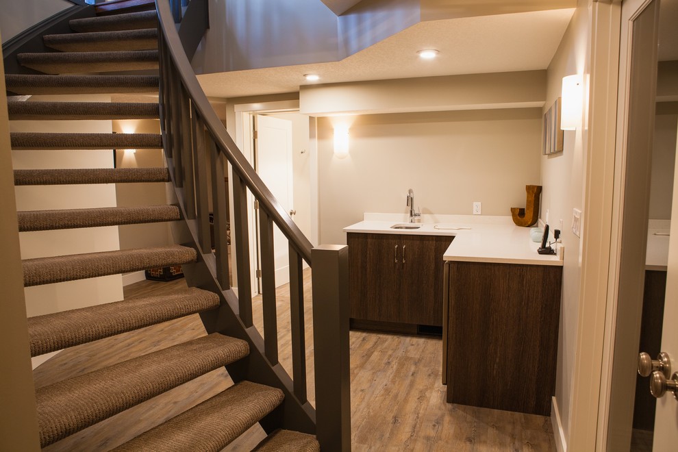 Example of a mid-sized transitional carpeted curved staircase design in Calgary