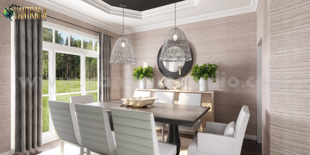 Medium sized modern kitchen/dining room in Moscow with beige walls, light hardwood flooring, no fireplace, a metal fireplace surround, white floors, a drop ceiling and wainscoting.