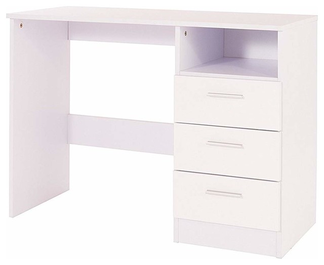Dressing Table, High Gloss White MDF With 3 Storage Drawers and Open Shelf