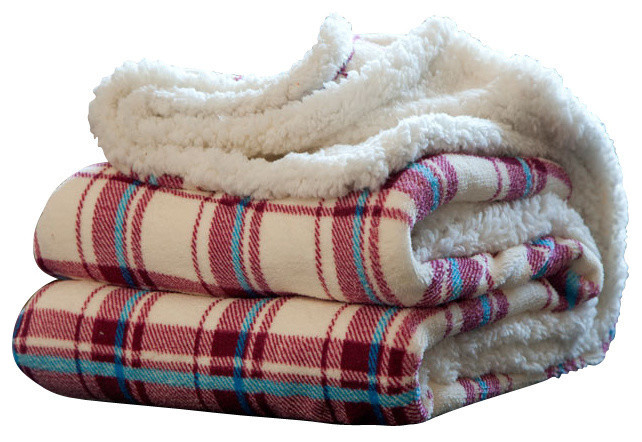 Lavish Home Fleece Sherpa Blanket Throw - Plaid