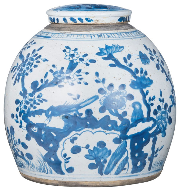 Vintage Ming Jar Plum Lily Pad Motif Small Asian Decorative Jars