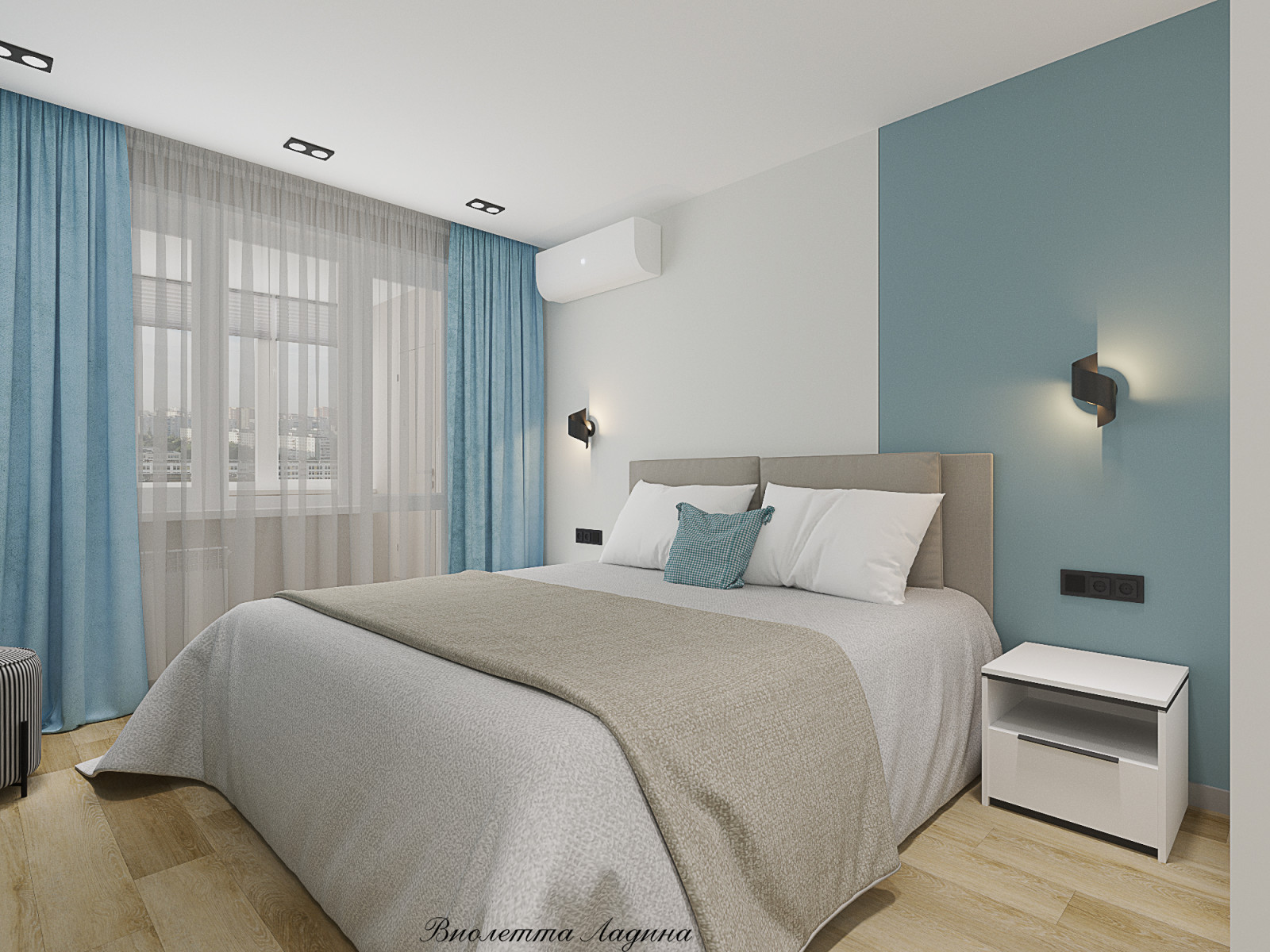 Трешка в панельном доме в современном стиле с голубым акцентом.