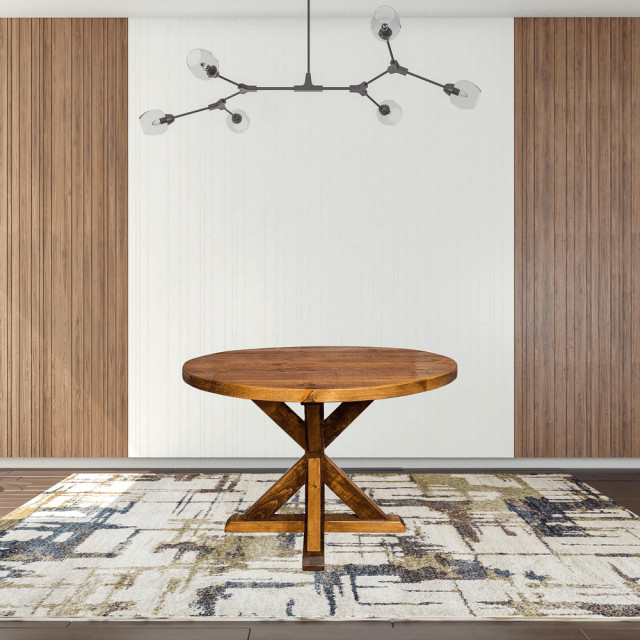 42" Brown Rounded Solid Wood Trestle Base Dining Table - Transitional ...