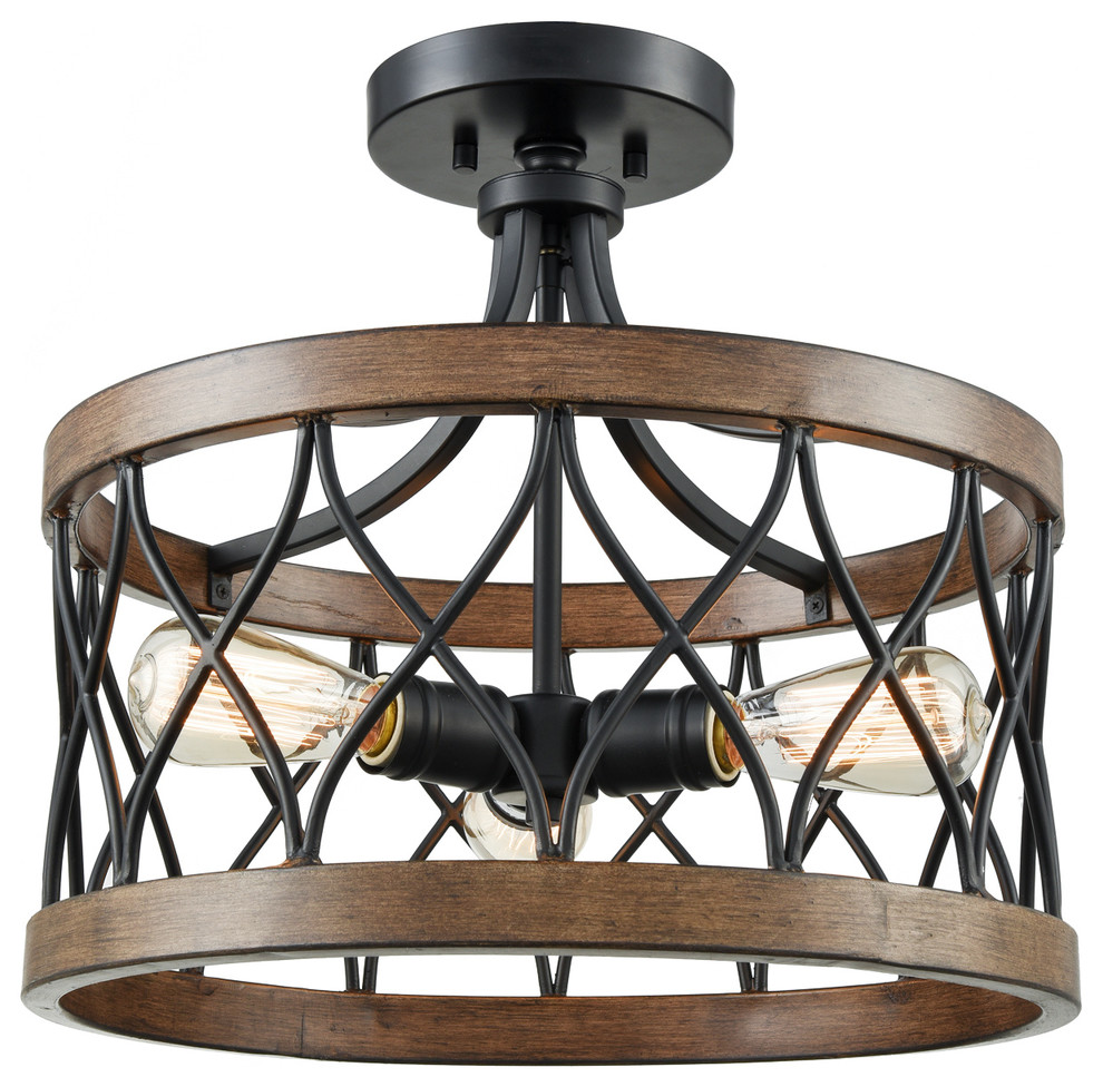 Retro Drum Wood Metal Semi Flush Mount Ceiling Light 3 Lights
