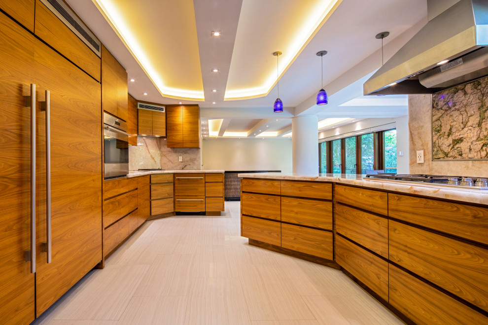 Inspiration for a modern galley kitchen pantry in Miami with an undermount sink, flat-panel cabinets, medium wood cabinets, onyx benchtops, yellow splashback, stone slab splashback, panelled appliances, porcelain floors, white floor and white benchtop.