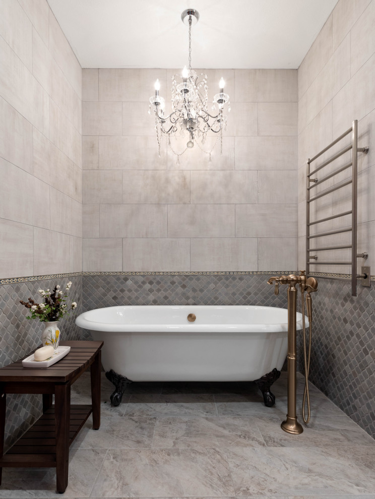 Example of a large mountain style master gray tile and ceramic tile porcelain tile, gray floor and double-sink claw-foot bathtub design in Seattle with dark wood cabinets, a one-piece toilet, white walls, a drop-in sink, quartz countertops, a hinged shower door, gray countertops and a built-in vanity