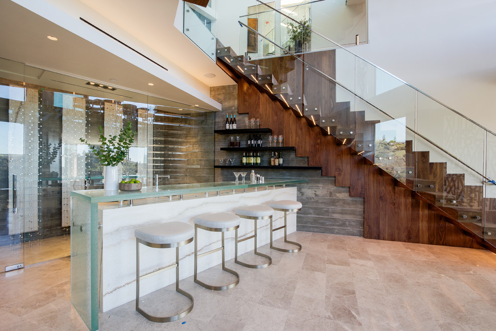 Inspiration for a contemporary l-shaped seated home bar in Los Angeles with open cabinets, black cabinets, glass benchtops and timber splashback.