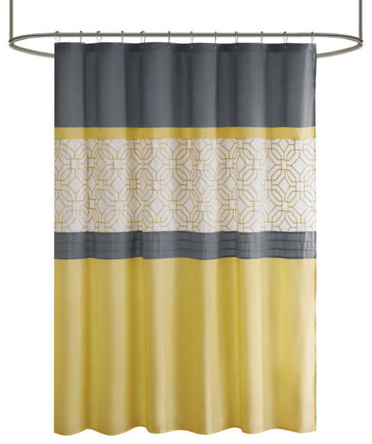 510 Design Donnell Embroidered Modern Lattice Shower Curtain, Yellow/Grey