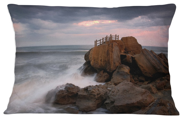 The Fantasy Island with Large Rocks Seashore Throw Pillow, 12"x20"