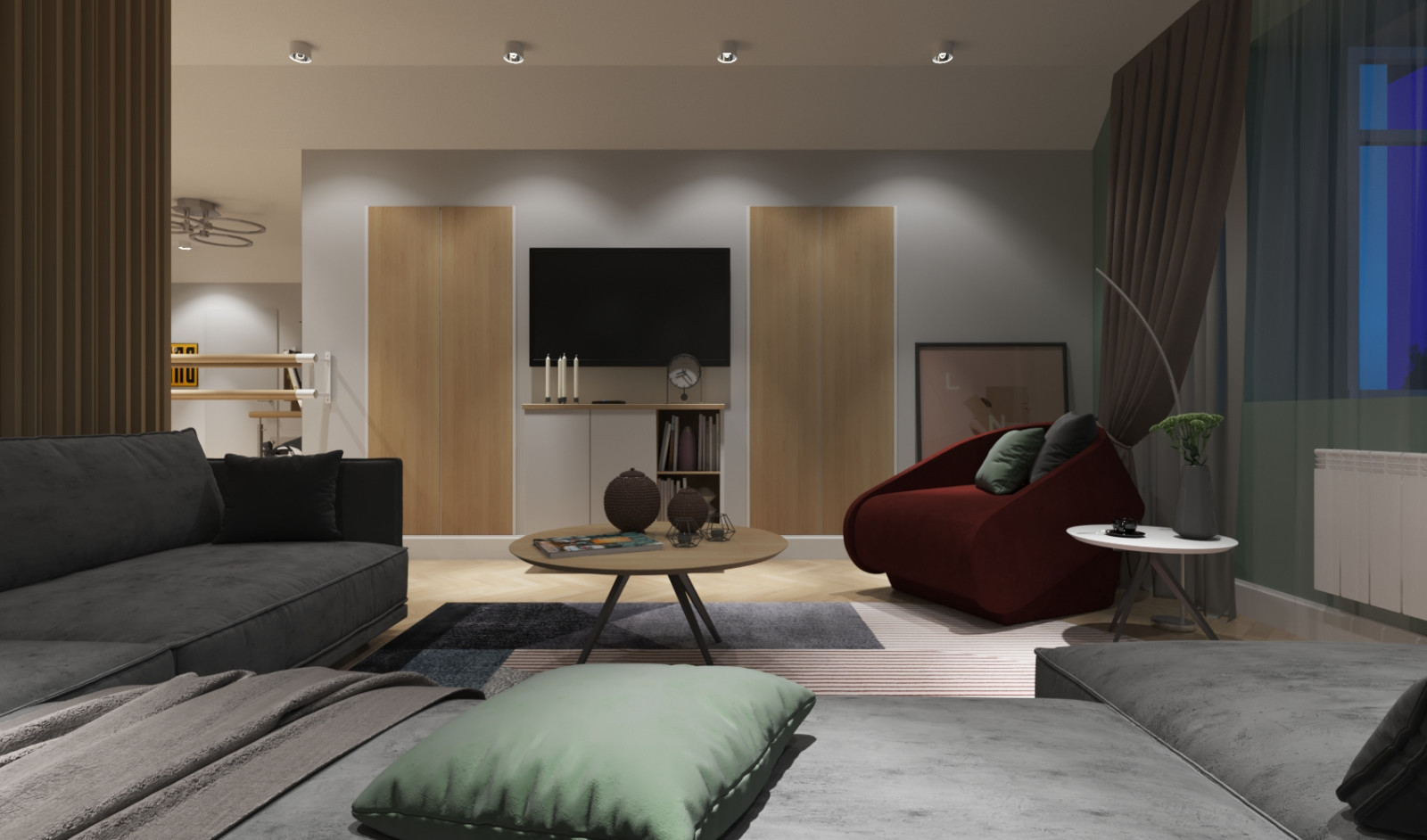 Кабинет, спортуголок и гостевая зона на чердаке дома