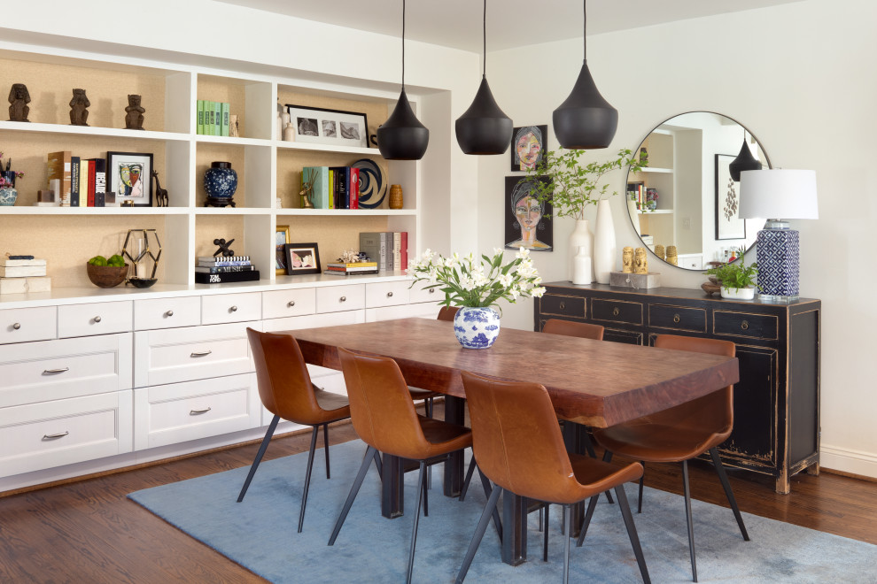 Inspiration for a transitional dining room in DC Metro with white walls, dark hardwood floors and brown floor.