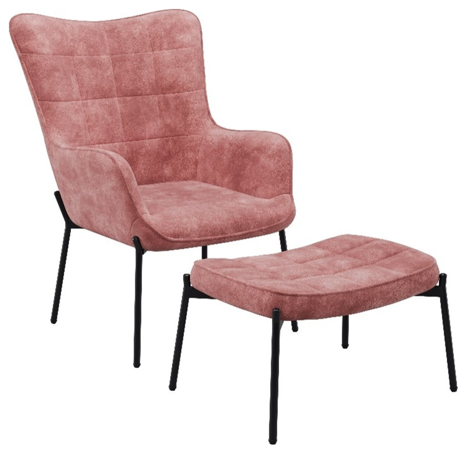 Charlotte Salmon Pink Velvet Fabric Wingback Accent Chair with Foot