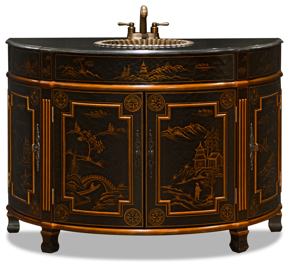Chinoiserie Victorian Vanity Cabinet With Granite Top, Black