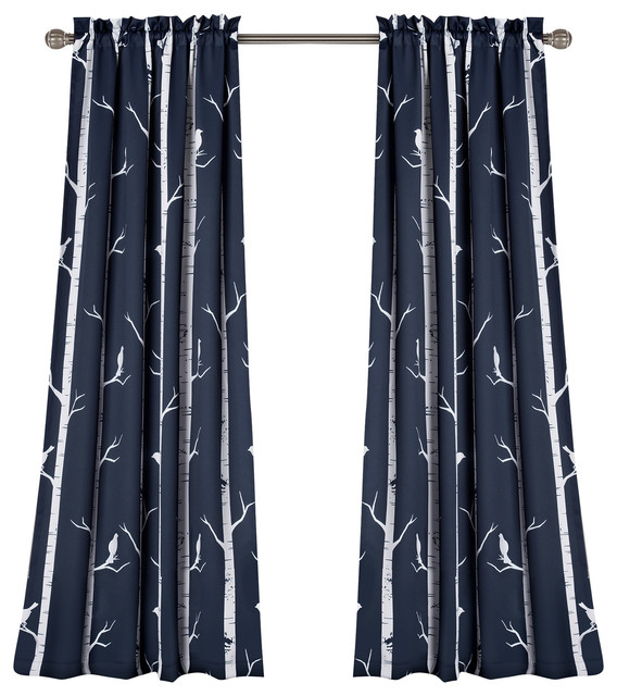 Bird On The Tree Room Darkening Window Curtain Navy Set 52x84+2