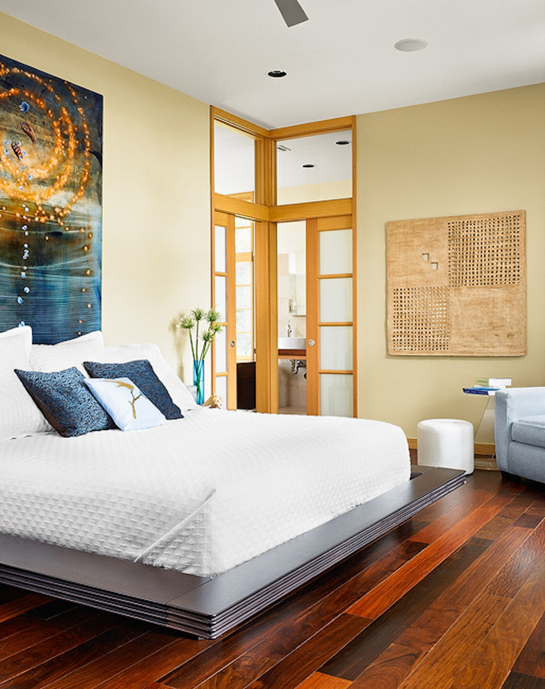 Mid-sized asian master bedroom in Austin with beige walls, dark hardwood floors, no fireplace and brown floor.