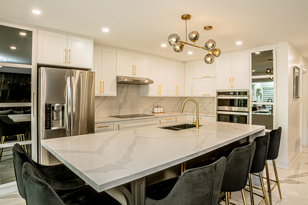 Inspiration for a mid-sized contemporary l-shaped porcelain tile and white floor eat-in kitchen remodel in Toronto with a double-bowl sink, shaker cabinets, white cabinets, wood countertops, white backsplash, porcelain backsplash, stainless steel appliances, an island and white countertops