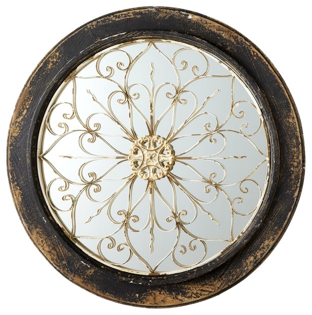 Round Mirror With Scroll Accent Distressed Black Mediterranean Round Mirror With Scroll Accent Distressed Black Mediterranean Wall Mirrors By Ganz Usa Llc