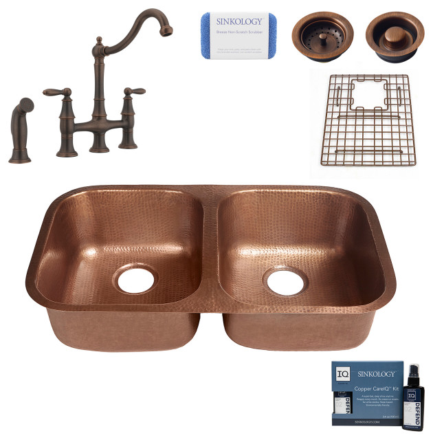 Kandinsky 32.25" Undermount Copper Kitchen Sink, Bridge Faucet and Drains
