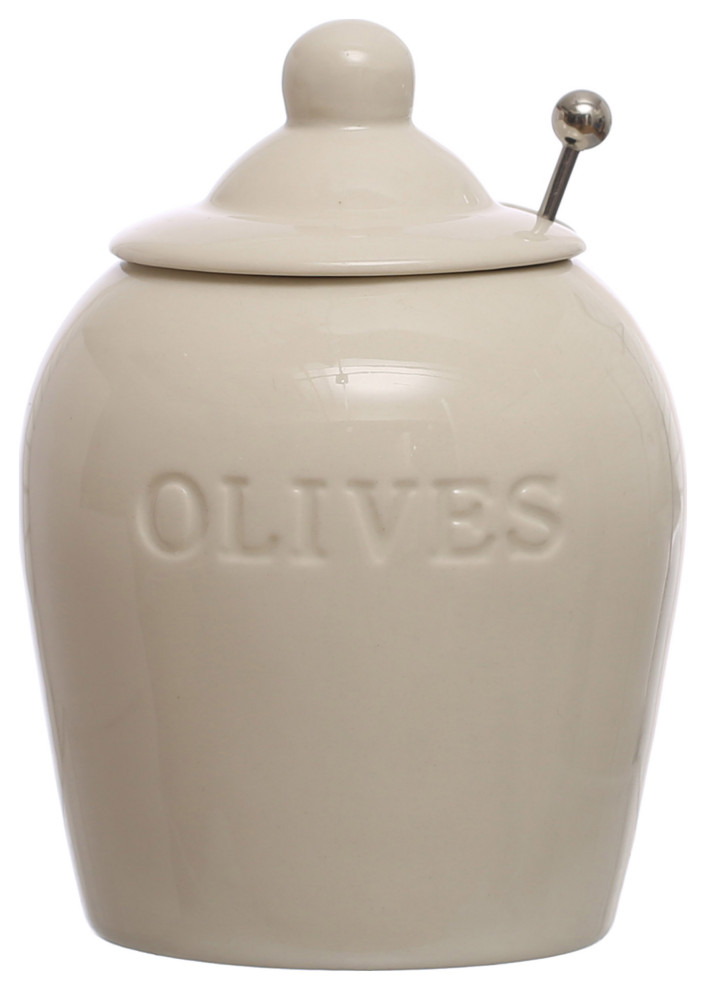 4" Round Debossed Jar, Stainless Steel Slotted Spoon Olives, White, Set of 2