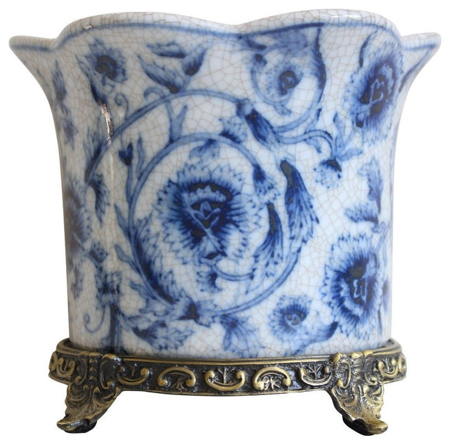 Blue and White Porcelain Chinoiserie Motif Orchid Pot 5" Traditional