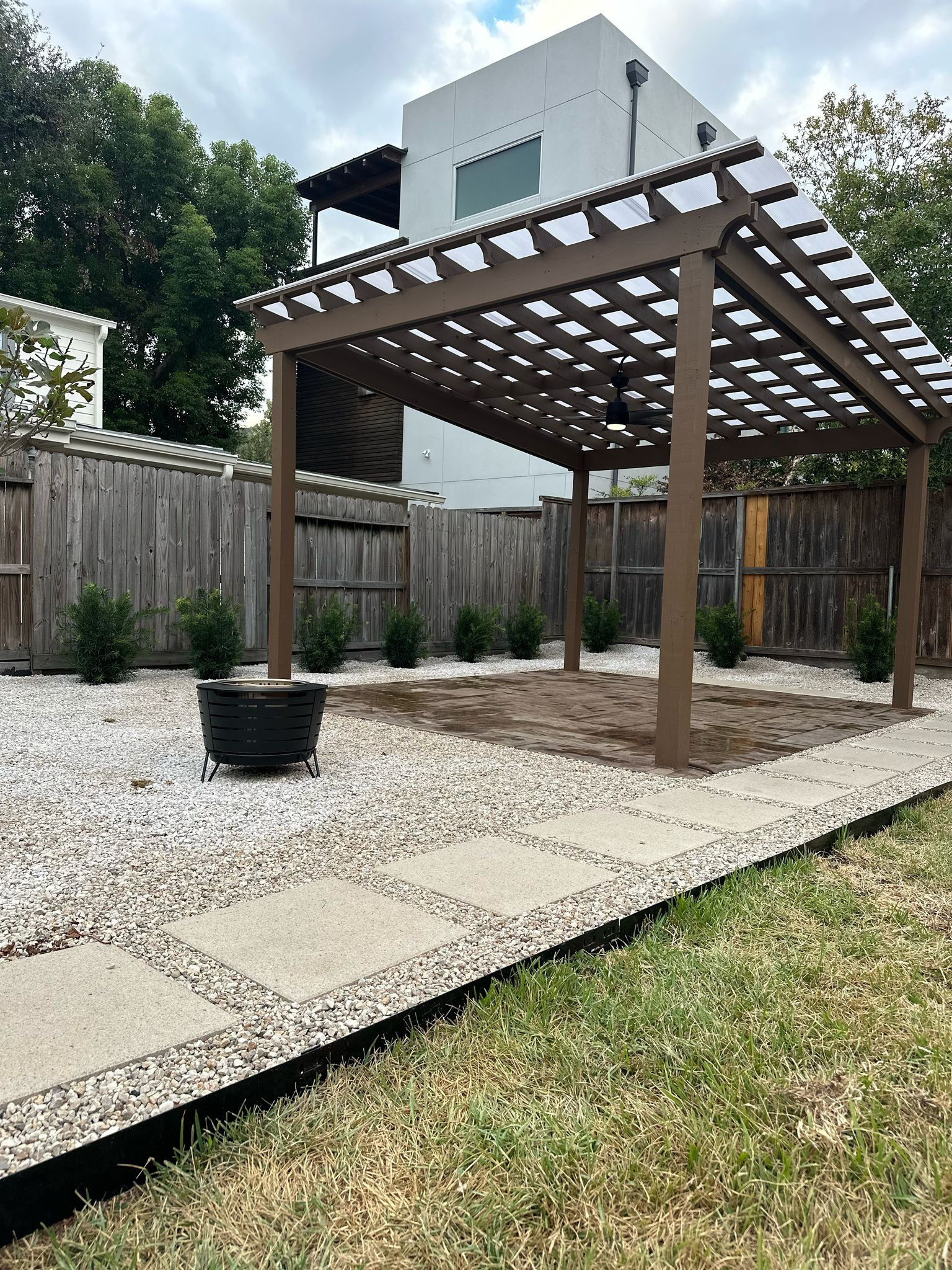 Beautiful stamped concrete patio with Pergola Cover on Haddon st!