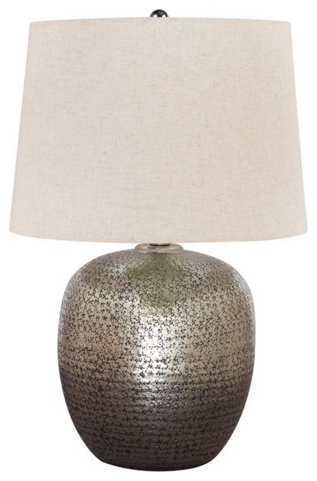 Bellied Metal Body Table Lamp With Splotched Details, Brass And Cream