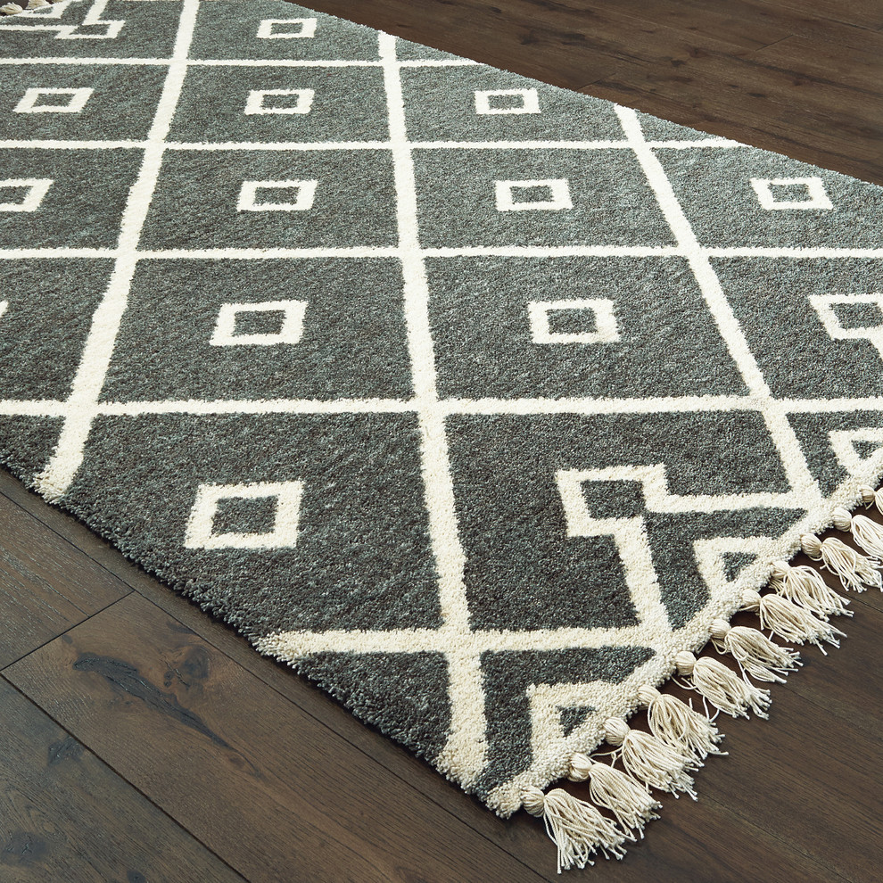 Marietta Tasseled Lattice Gray/Ivory Area Rug, 10'x13' Scandinavian